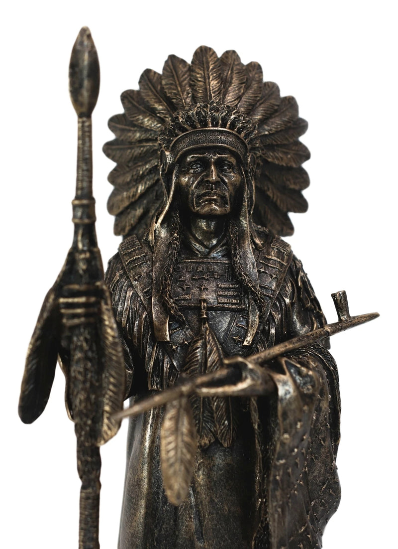Native American Indian Chief With Eagle Roach Spear And Chalumet Pipe Statue-7