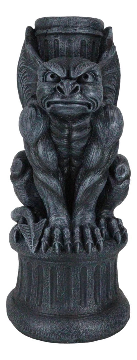 Gothic Crouching Winged Gargoyle Statue With Solar LED Lantern Light Post 20"H-9