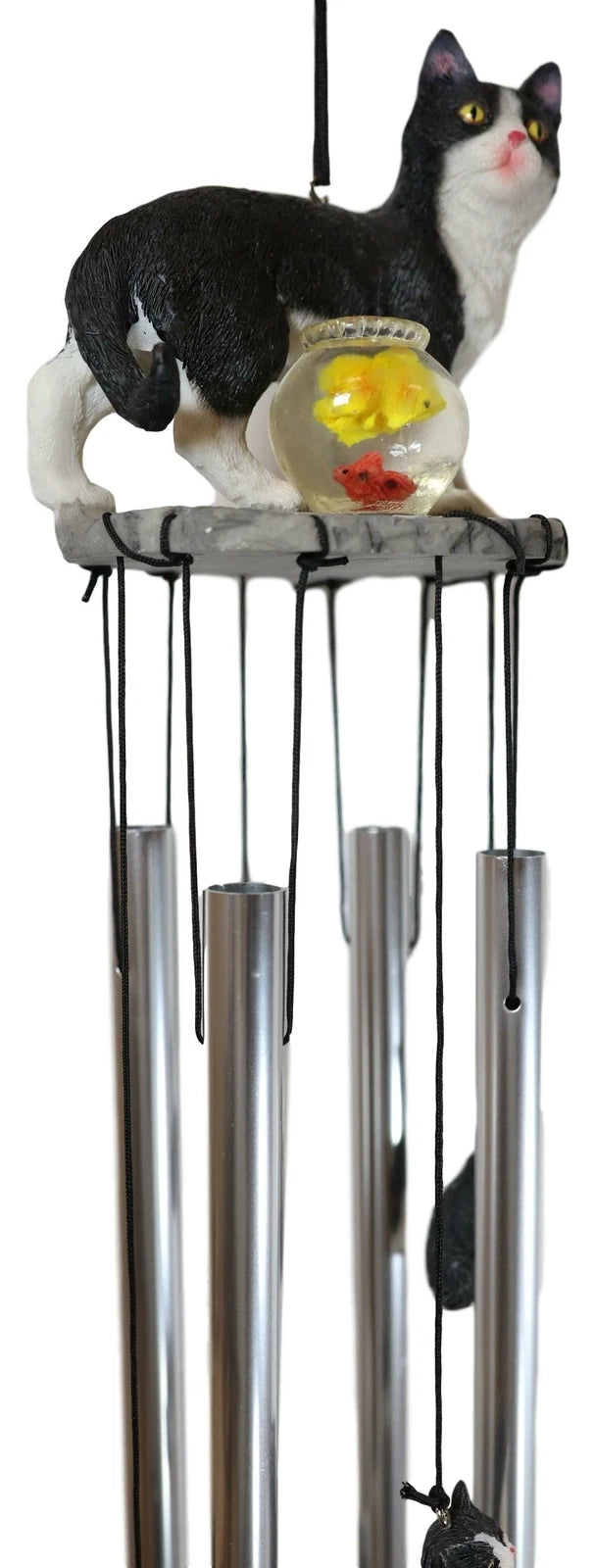 Tuxedo Black Kitty Cat with Fish Bowl Resonant Wind Chime 18.5"H Garden-9