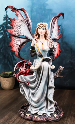 Blonde Fairy Scribe And Red Dragon Writing On Dragons Tales Scroll Figurine-1