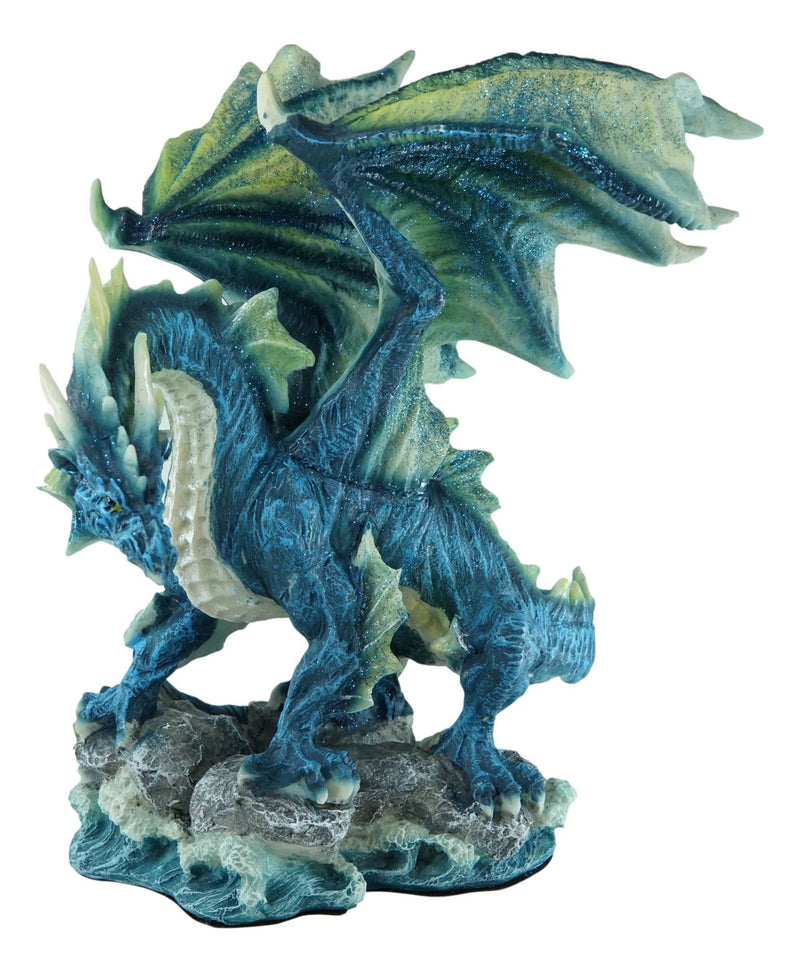 Large Blue Hyperion Water Behemoth Dragon Standing On Rock Figurine 11" H-5