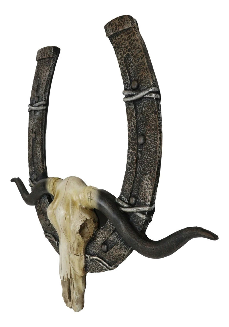 21" L Rustic Western Longhorn Bull Cow Skull With Giant Horseshoe Wall Decor-5