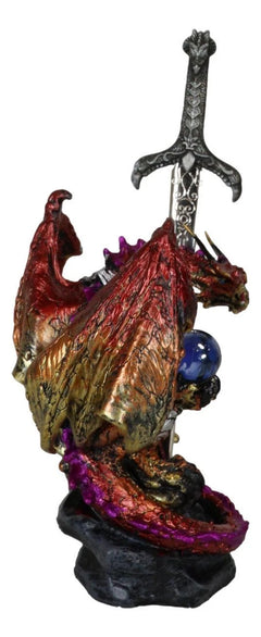 Red Metallic Fire Knight Dragon With Orb and Gothic Sword Letter Opener Figurine-8