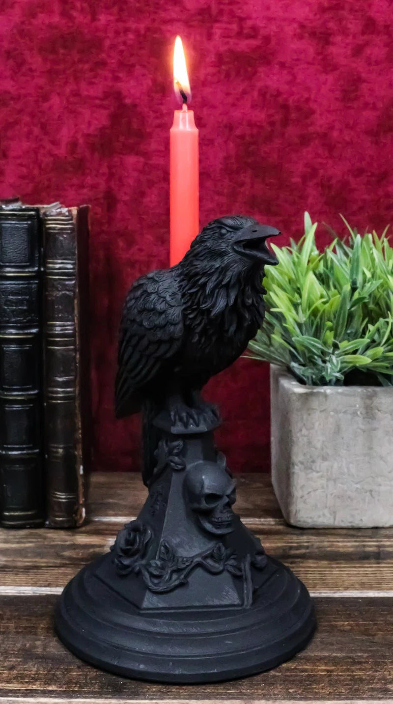 Gothic Poe Raven Crow Black Rose Skull Tombstone Tea Light Votive Candle Holder-3