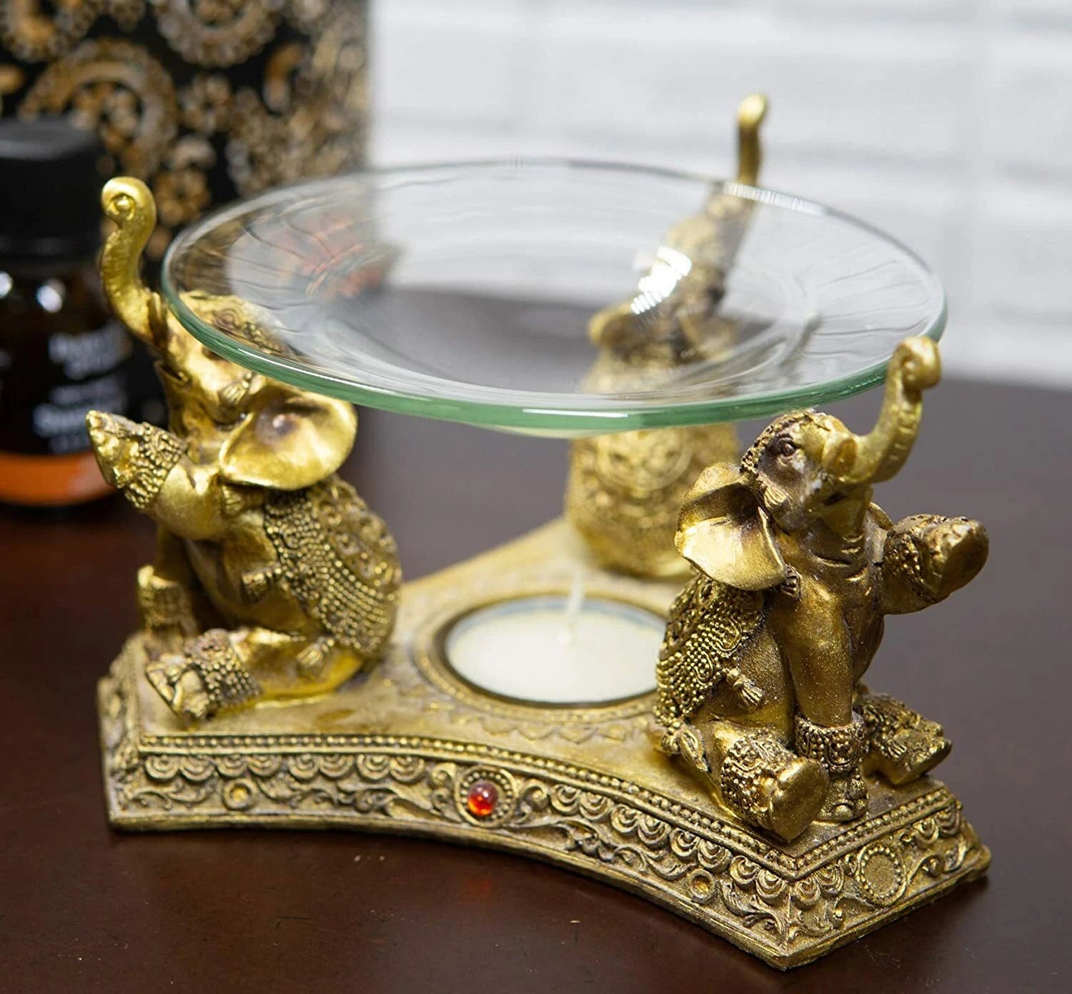 Feng Shui Trio Golden Triple Elephant Oil Burner Home Decor-1