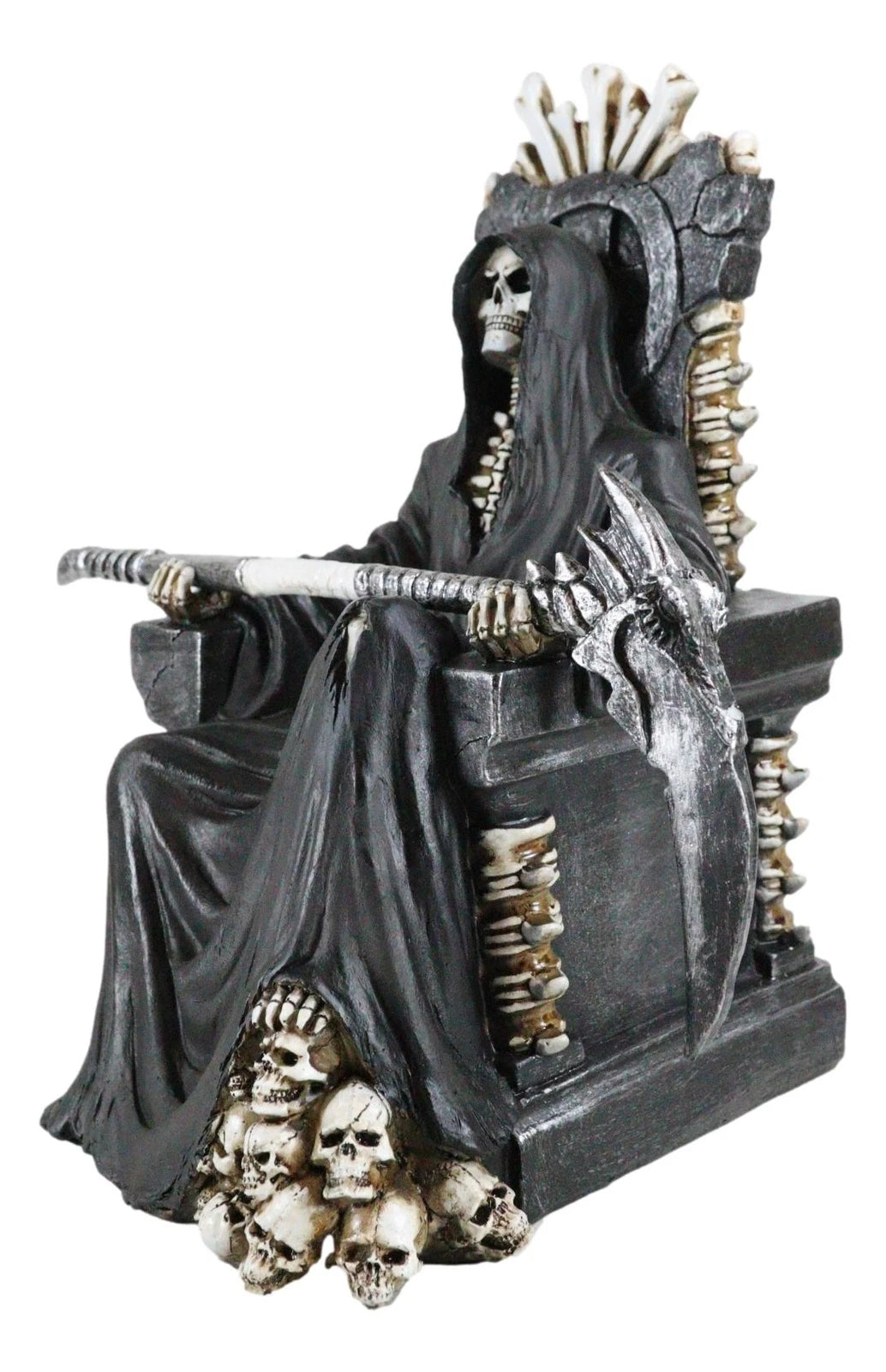 Grim Reaper Figurine, Death Skeleton Throne Statue 10.5" Tall Gothic Home Decor, Sitting Reaper Collectible, Halloween Accent, Desk or Shelf Ornament, Dark Fantasy Sculpture-10
