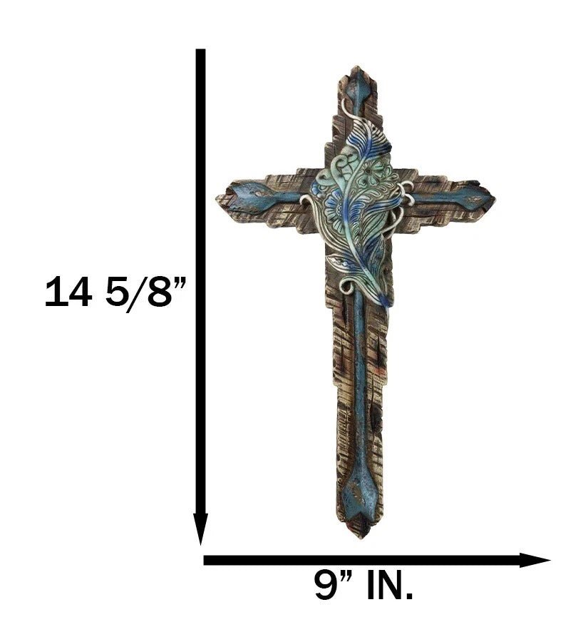 Southwestern Tribal Indian Feather And Turquoise Arrows Faux Wooden Wall Cross-9