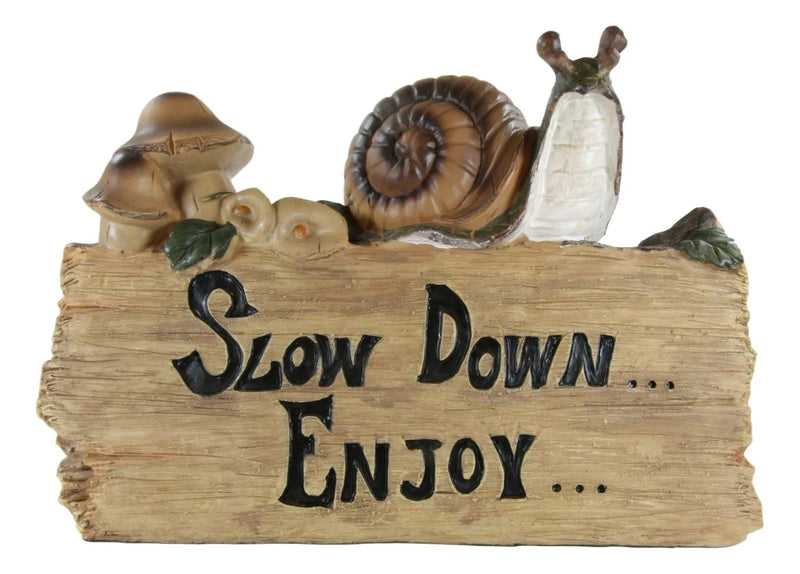 Helix Shell Snail By Mushrooms On Trunk Log With Slow Down Enjoy Sign-6