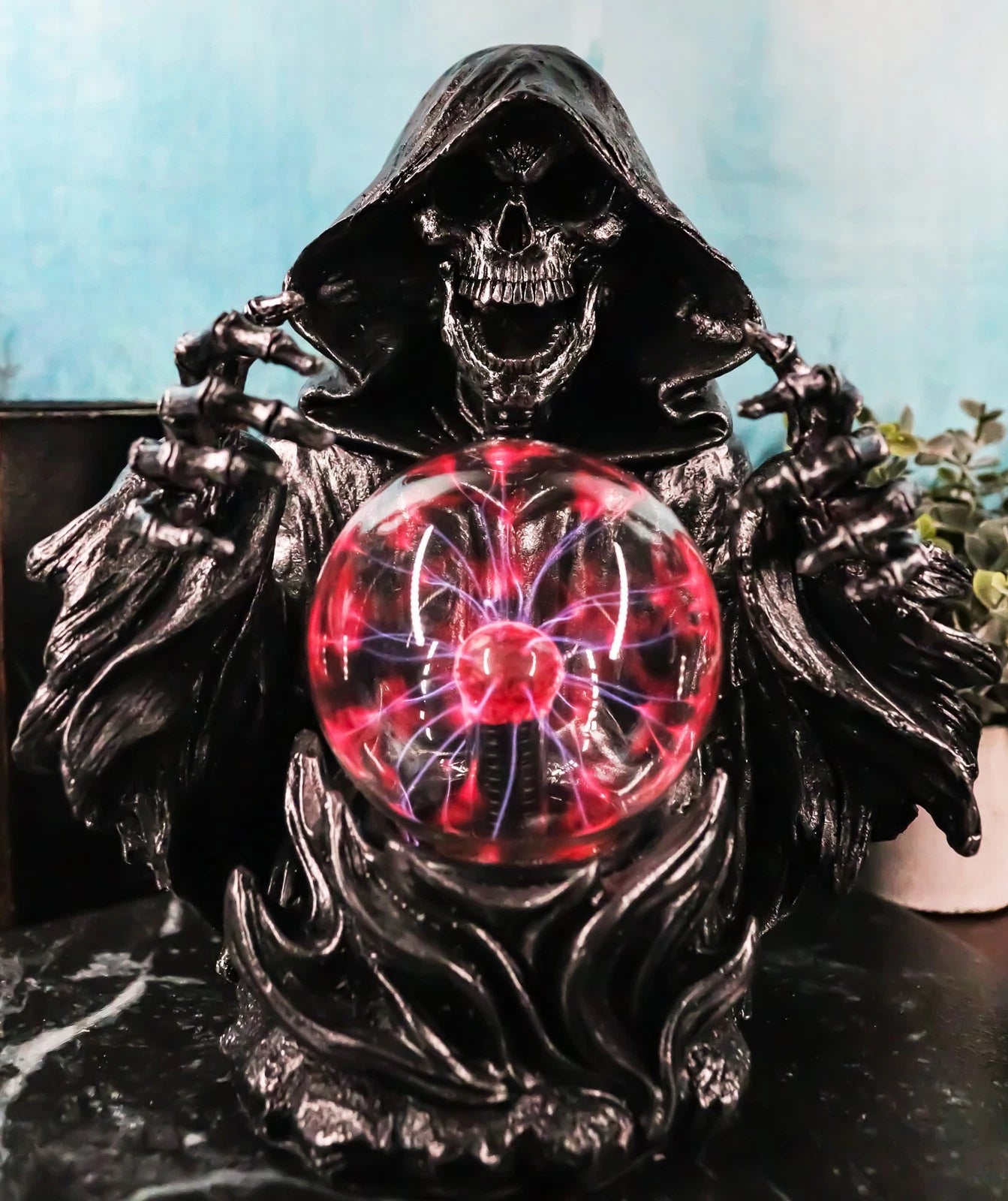 Gothic Alchemy Evil Grim Reaper Skeleton With Scrying Plasma Ball Lamp Statue-8