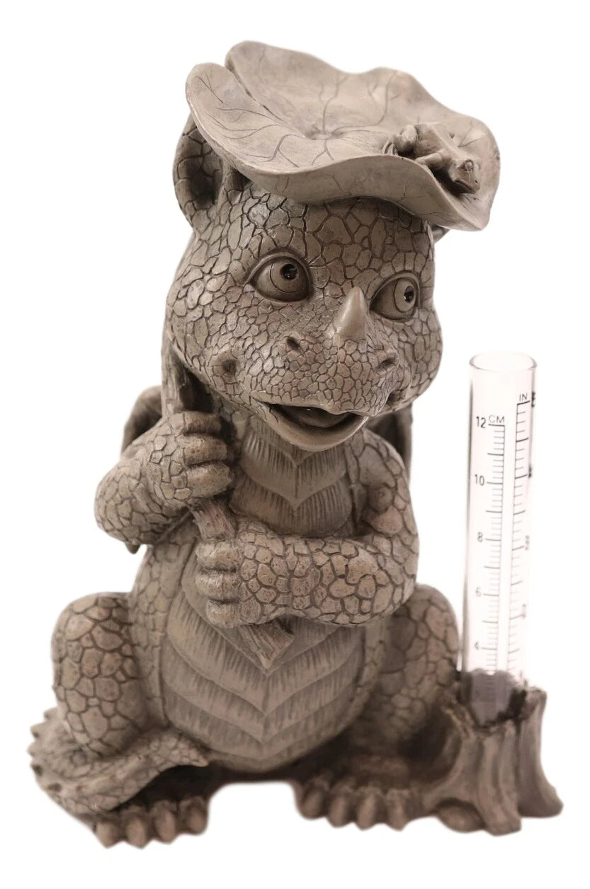 Raindrops Keep Falling On My Head Dragon With Lilypad Umbrella Rain Gauge Statue-5