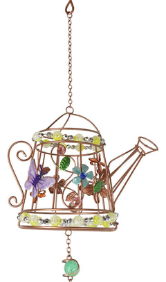 Monarch Butterflies On Garden Watering Can Art Glass Gemstones Metal Wind Chime-8