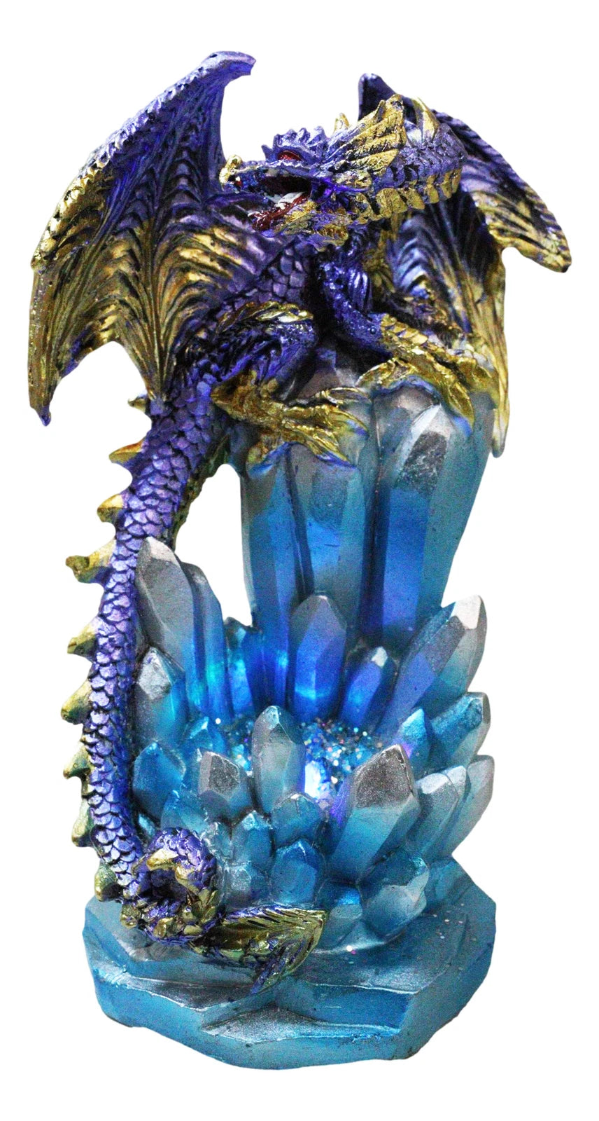 Purple And Gold Cosmic Dragon On Blue Crystal Stalactite Rock LED Light Statue-7