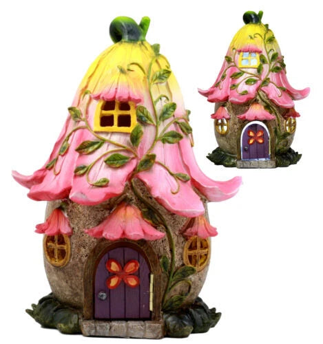Mini Enchanted Fairy Garden Trumpet Lily Cottage Light Up House W/ Door Figurine-9