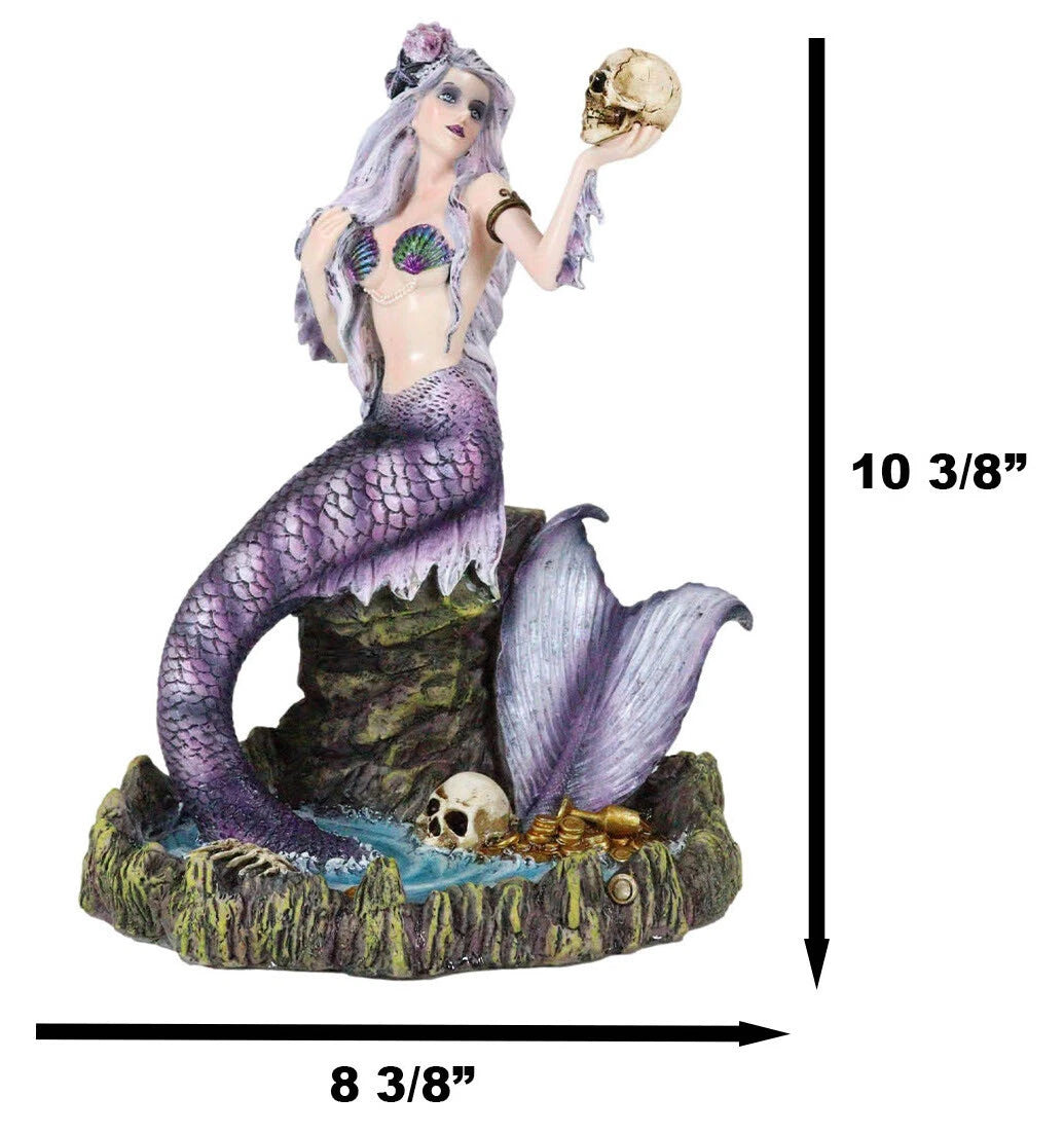 Large Sirens of The Seas Necromancer Gothic Mermaid Holding A Skull Figurine-9