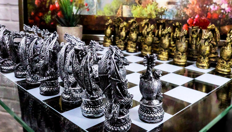 Mythical Fantasy Dragon Dungeon Kingdoms Resin Chess Pieces With Glass Board Set-1
