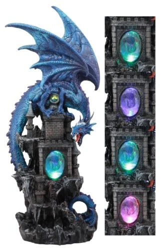 20"H Blue Waterfall Spyro Dragon On Castle Statue LED Night Light Figurine-9
