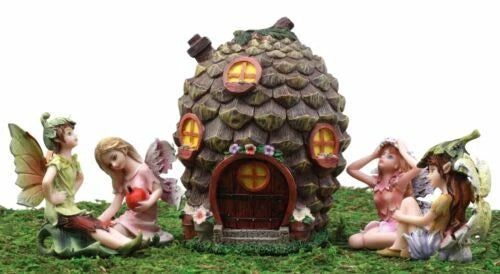 Fairy Garden Miniatures Starter Kit Pine Cone Cottage With 4 Fairy Figurines Set-1