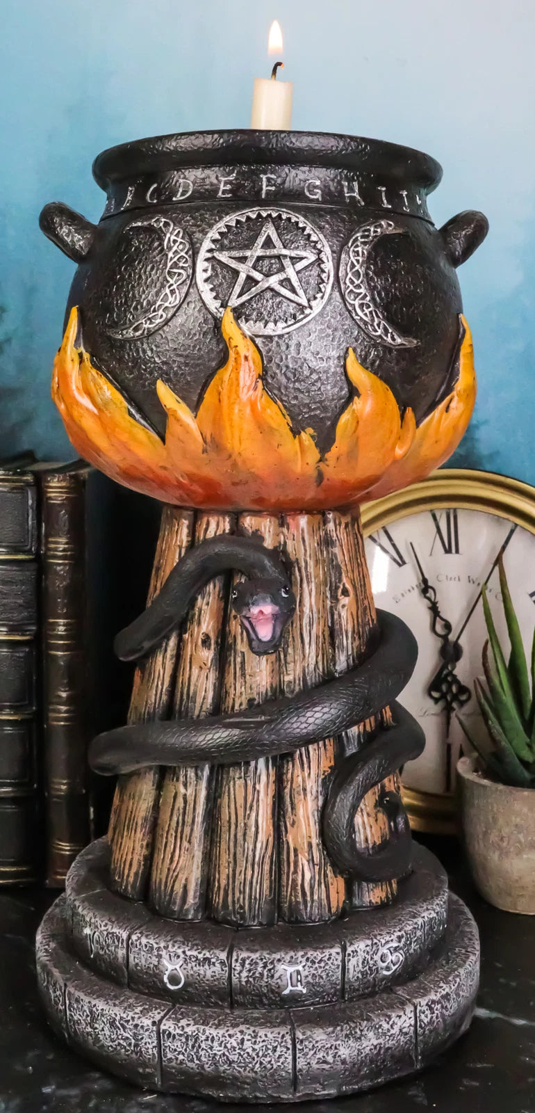Wicca Triple Moon Witch Cauldron With Snake And Sacred Geometry Candle Holder-2