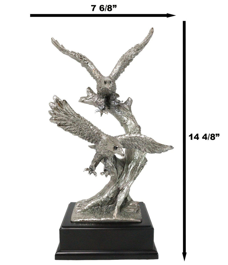 Large King Of The Skies Electroplated Silver Bald Eagles Taking Flight Statue-8
