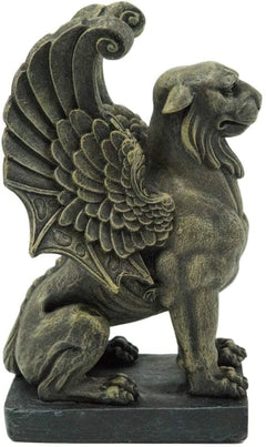 Lion Gargoyle with Griffin Wings Crouching On Pedestal Statue 6.5" Tall-8