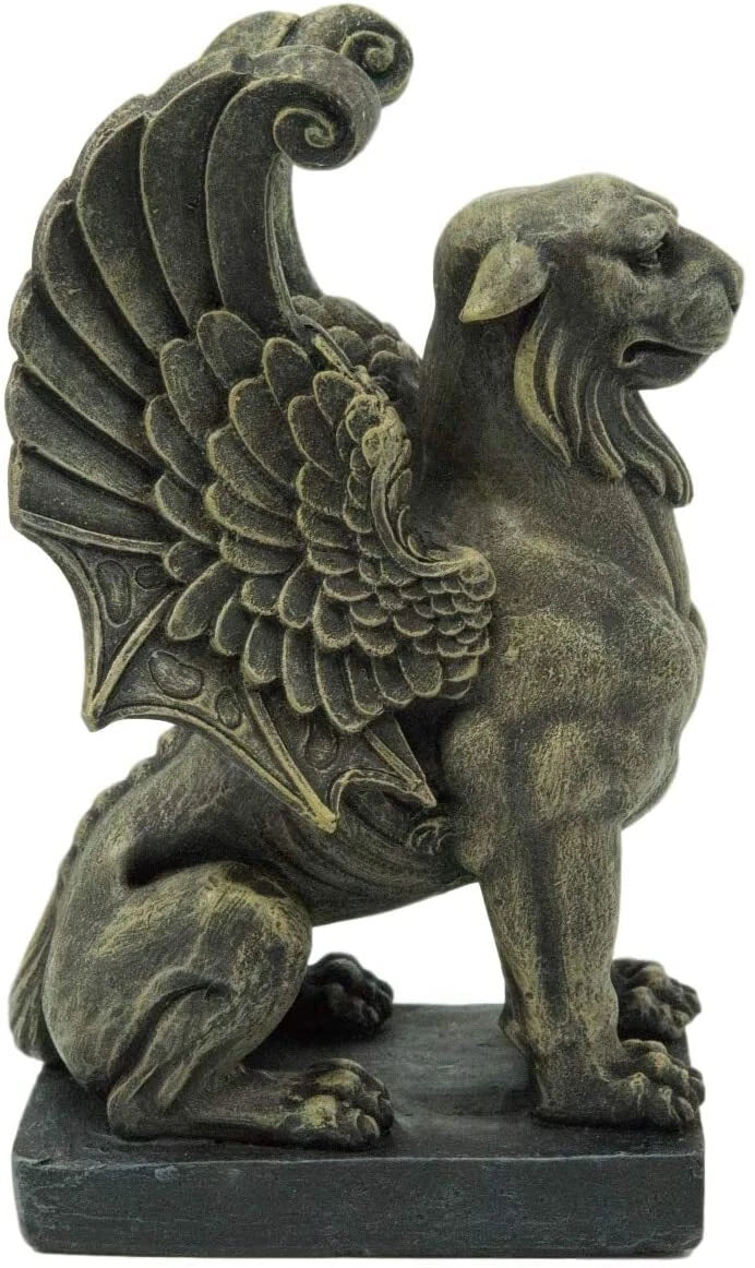 Lion Gargoyle with Griffin Wings Crouching On Pedestal Statue 6.5" Tall-8