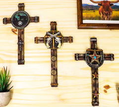 Set Of 3 Rustic Western Star Horseshoe Cowboy Horse And Pistols Wall Crosses-1