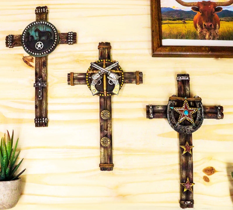 Set Of 3 Rustic Western Star Horseshoe Cowboy Horse And Pistols Wall Crosses-1