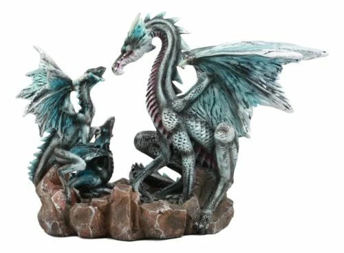 Dragon Figurine, 12" Blue Iceberg Mother Dragon with Baby Dragons Statue for Shelf, Mantle, Home, or Fantasy Room Decor Collectible-7