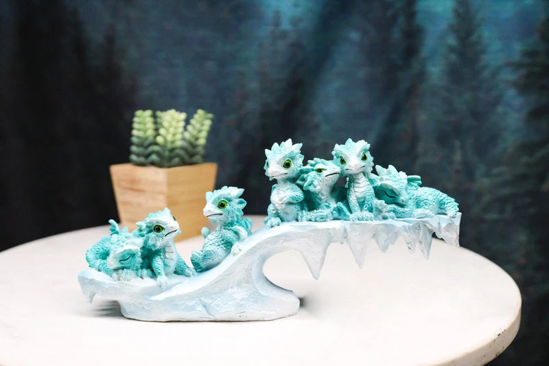 Winter Wonderland Ice Blue Baby Dragons On Frozen Bridge Glacier Rock Figurine-1