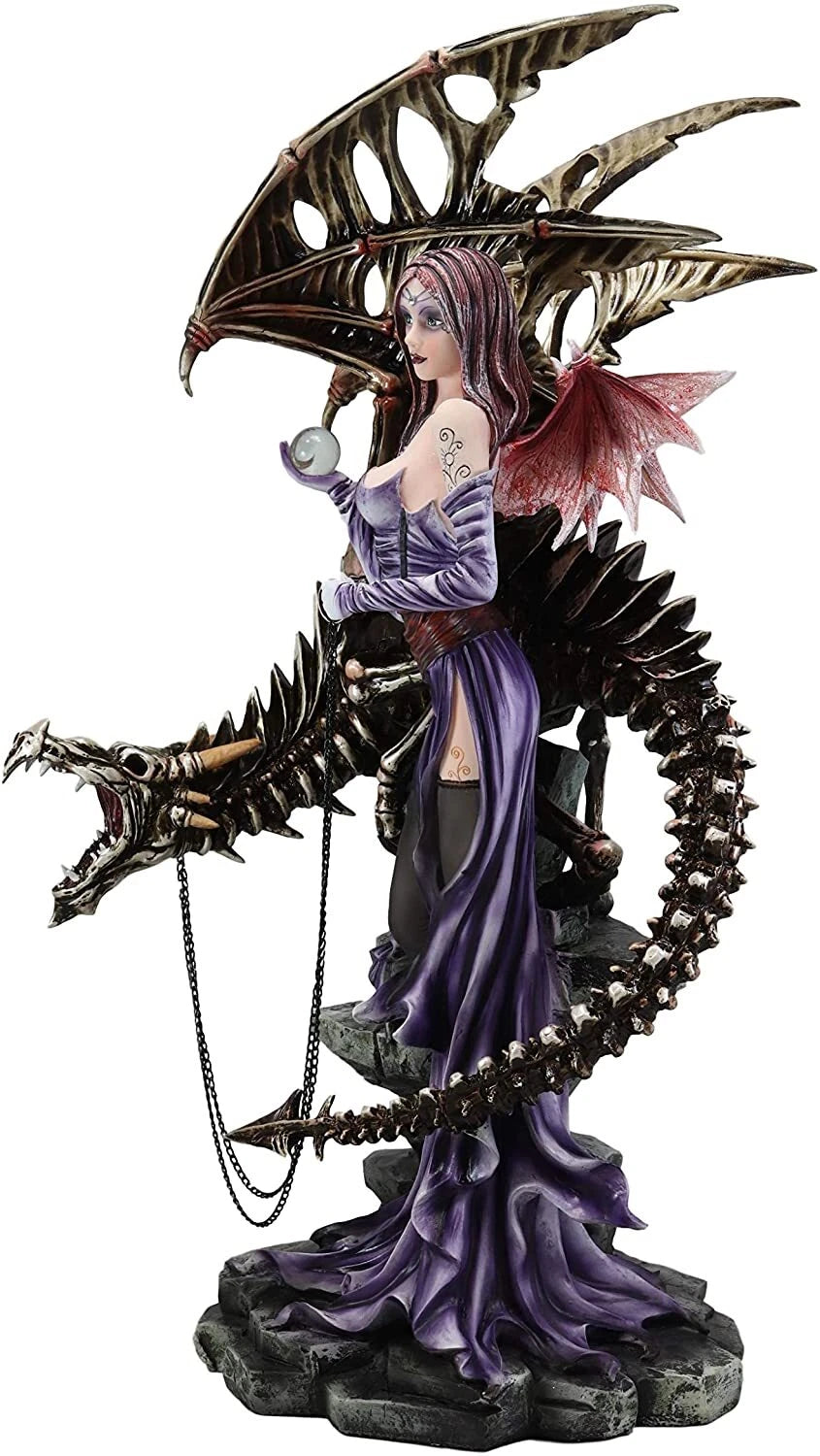 Large 26"H Gothic Soothsayer Psychic Fairy & Bone Skeletal Ghost Dragon Statue-9