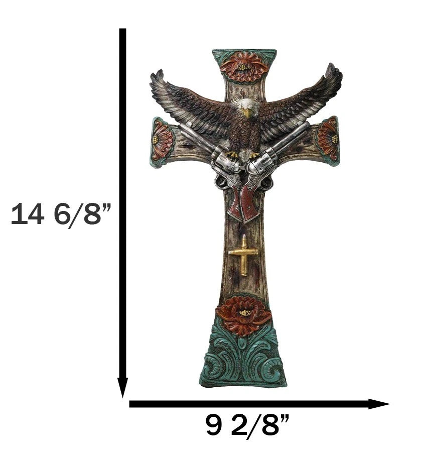 Rustic Western Turquoise Flowers Eagle Dual Pistols Cowboy Faux Wood Wall Cross-8