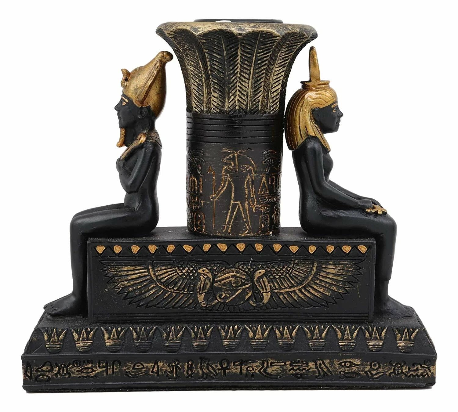 Ancient Egypt Black and Gold Seated Isis and Osiris Pillar Candle Holder-7