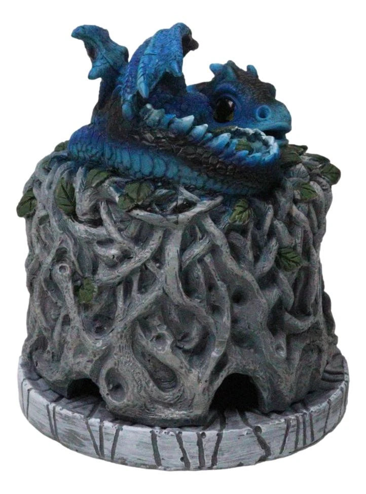 Blue Wyrmling Dragon Sleeping On Tree Of Life Stump Cone Incense Burner Figurine-9