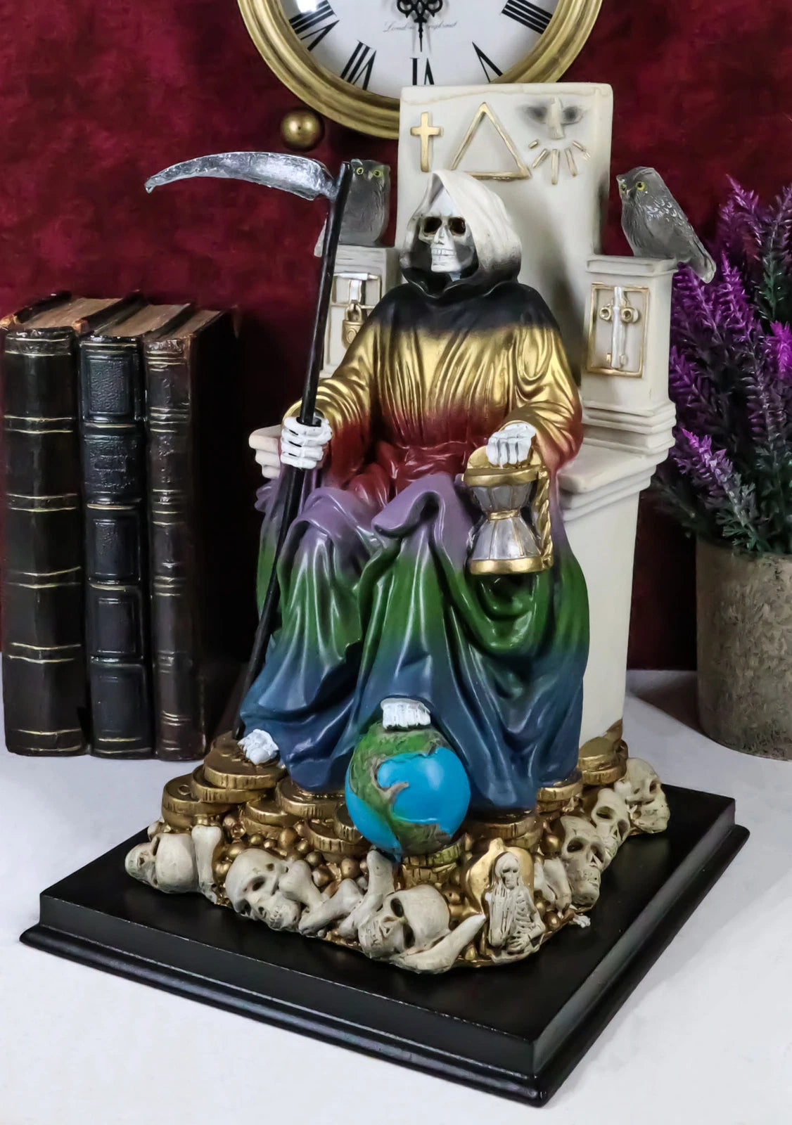 Rainbow Robe Holy Santa Muerte Seated On Throne with Scythe Statue 10.5"H-8