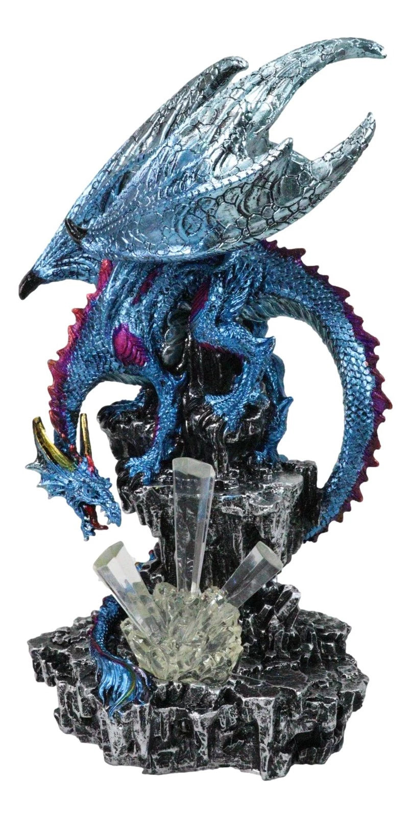 Metallic Blue Dragon with Magenta Spikes Guarding Bottle Ice Crystals Figurine-7