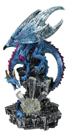 Metallic Blue Dragon with Magenta Spikes Guarding Bottle Ice Crystals Figurine-7
