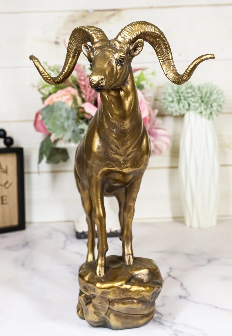 Large Country Wildlife Bighorn Sheep Ram Climbing On Rock Statue In Gold Patina-9