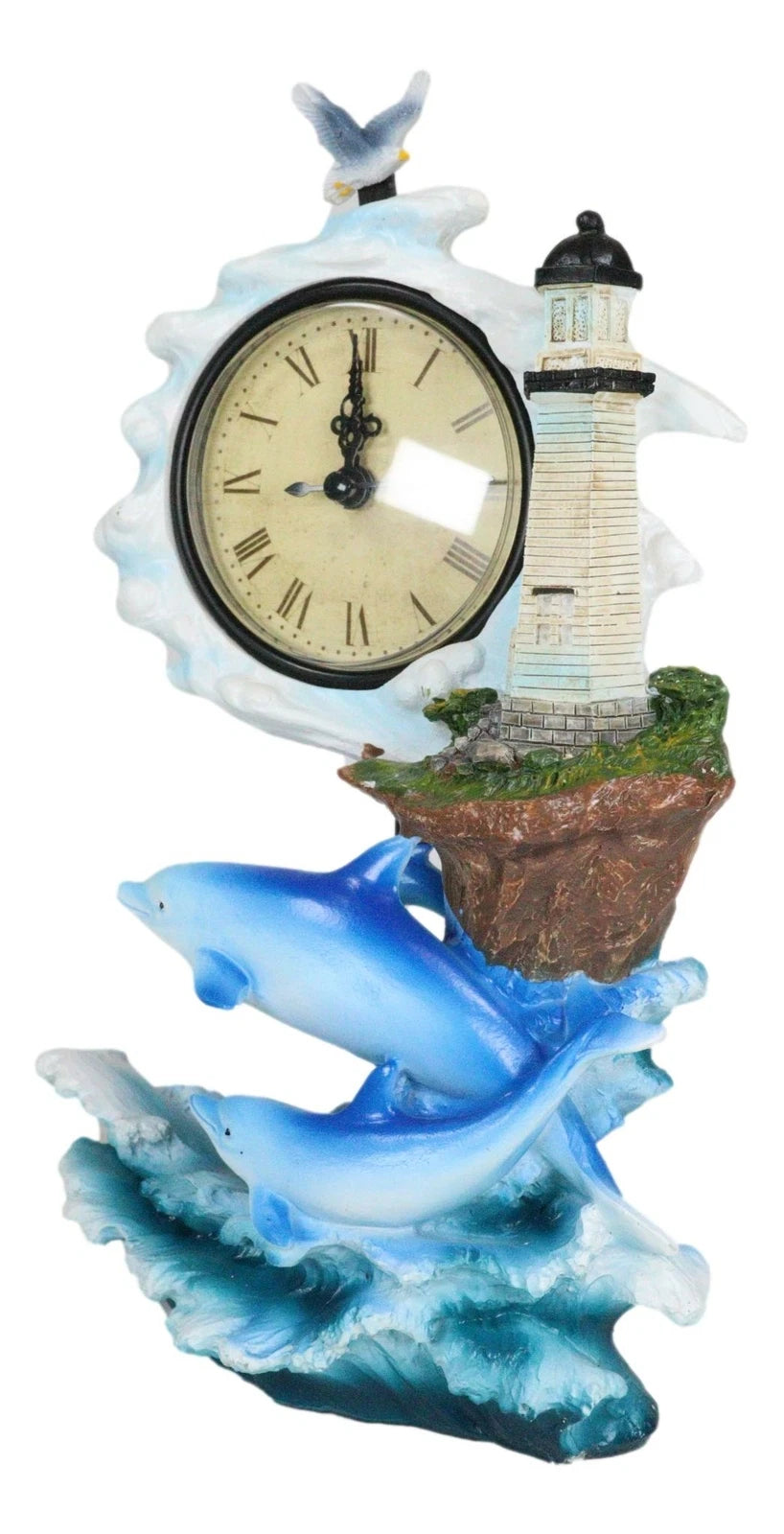 Nautical Marine Bottlenose Dolphins Family In Waves By Lighthouse Table Clock-7