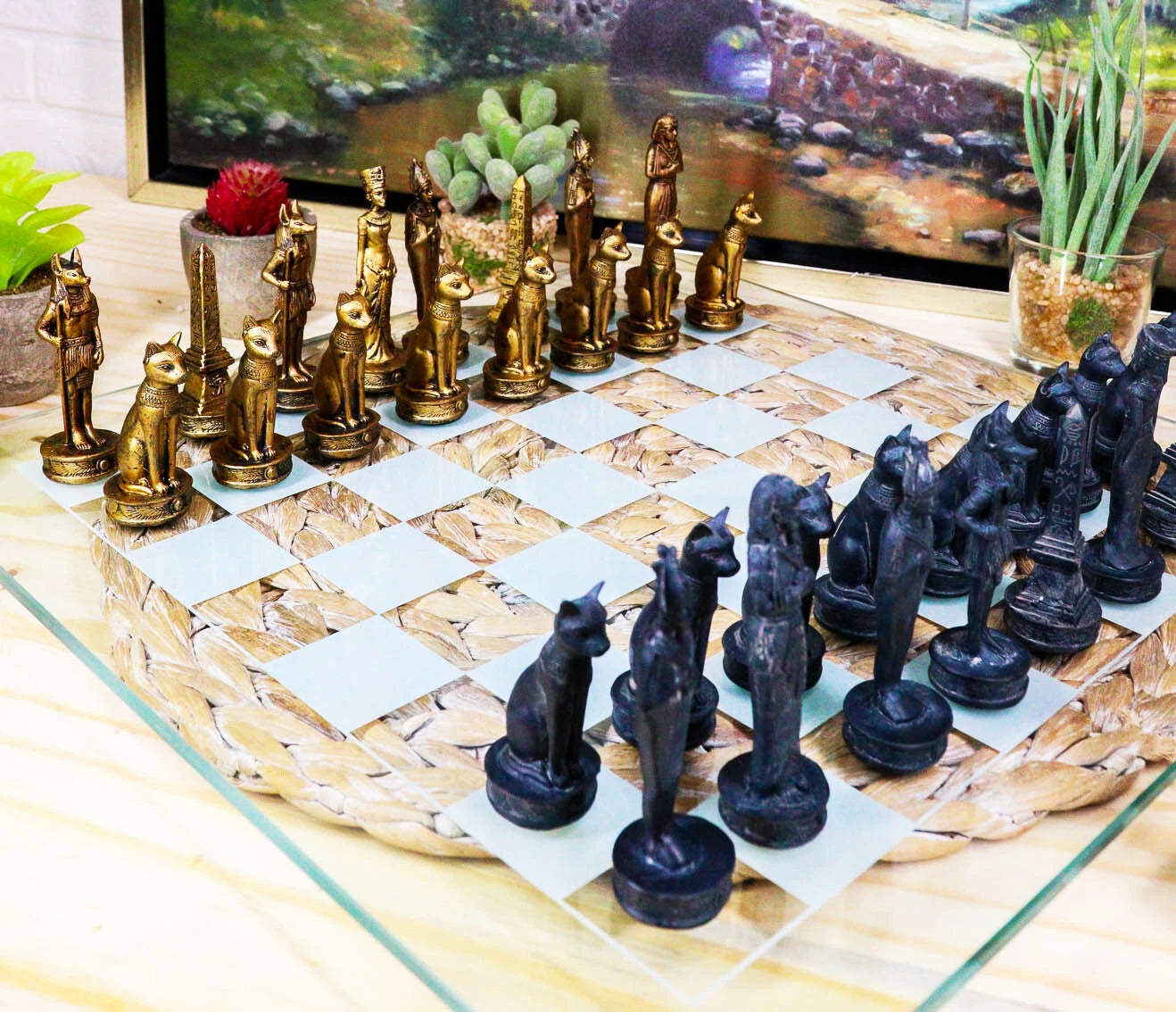 Egyptian Gods Monuments King Tut & Nefertiti Chess Pieces Glass Board Set