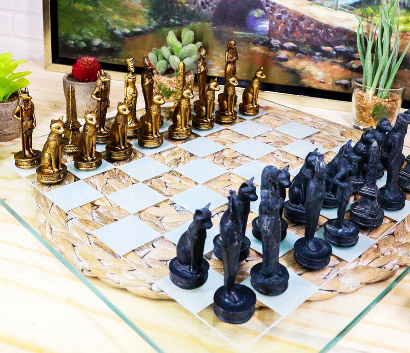 Egyptian Gods Monuments King Tut & Nefertiti Chess Pieces Glass Board Set-1