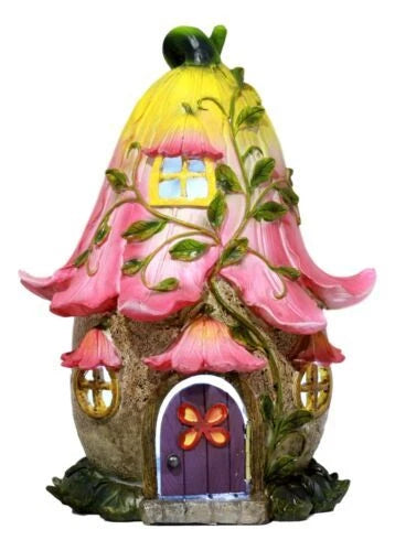 Mini Enchanted Fairy Garden Trumpet Lily Cottage Light Up House W/ Door Figurine-10