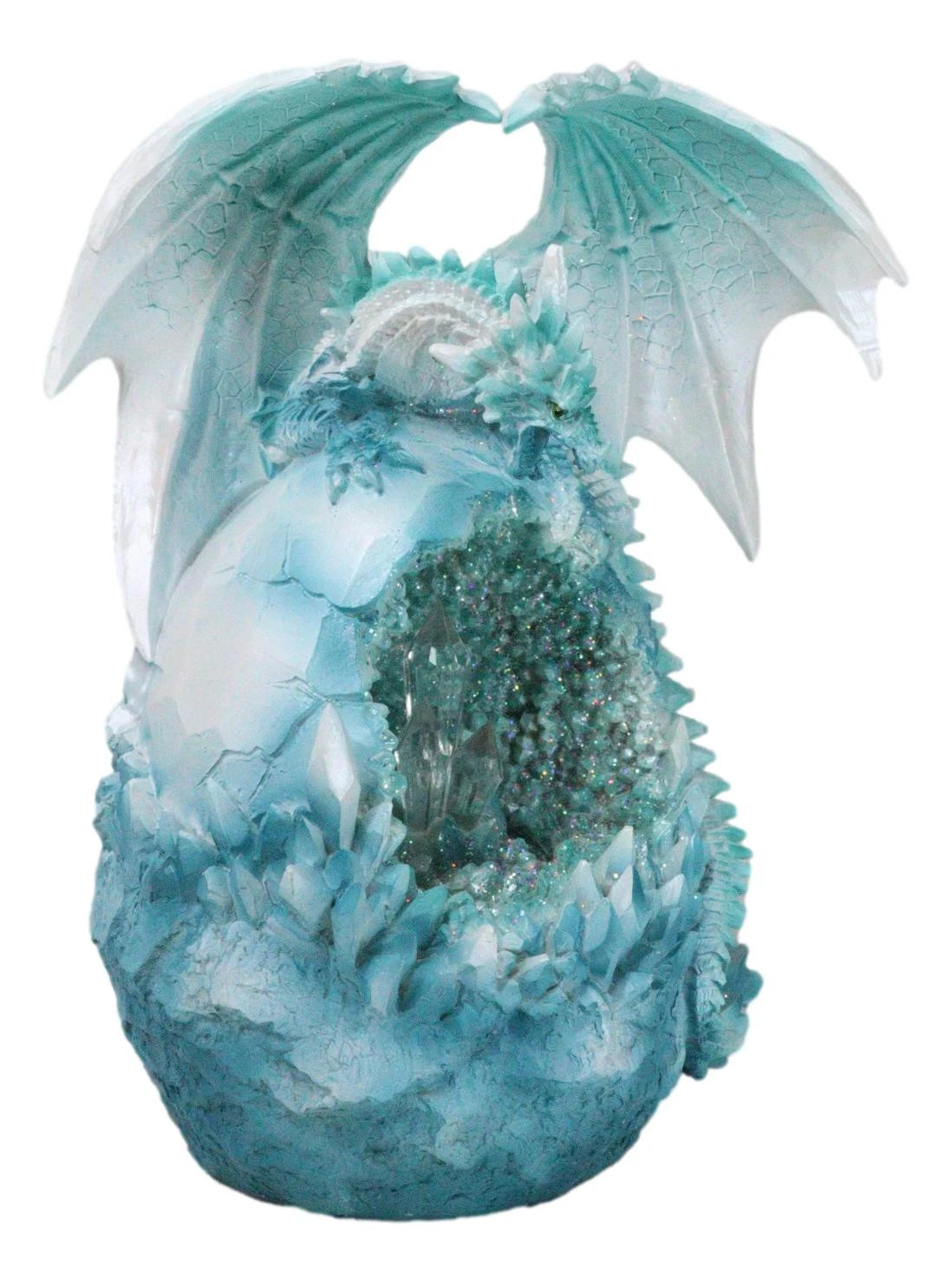 Winter Snow Dragon Resting On Frozen Snow Geode Egg With LED Crystals Figurine-6
