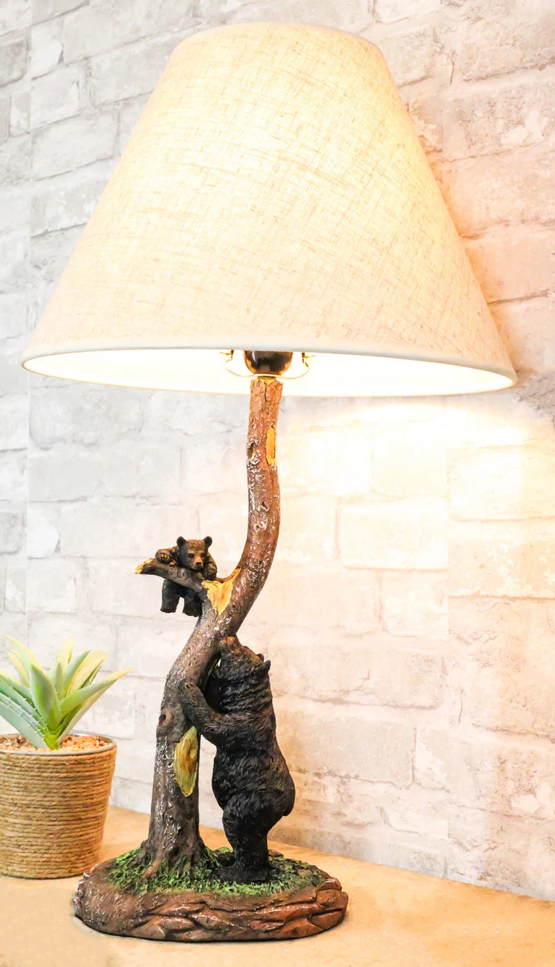Rustic Black Mother Bear Playing With Cub Hanging On Tree Branch Table Lamp-1
