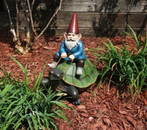 Large Whimsical Mr. Gnome Riding Giant Turtle Garden Statue 17.25" L-8