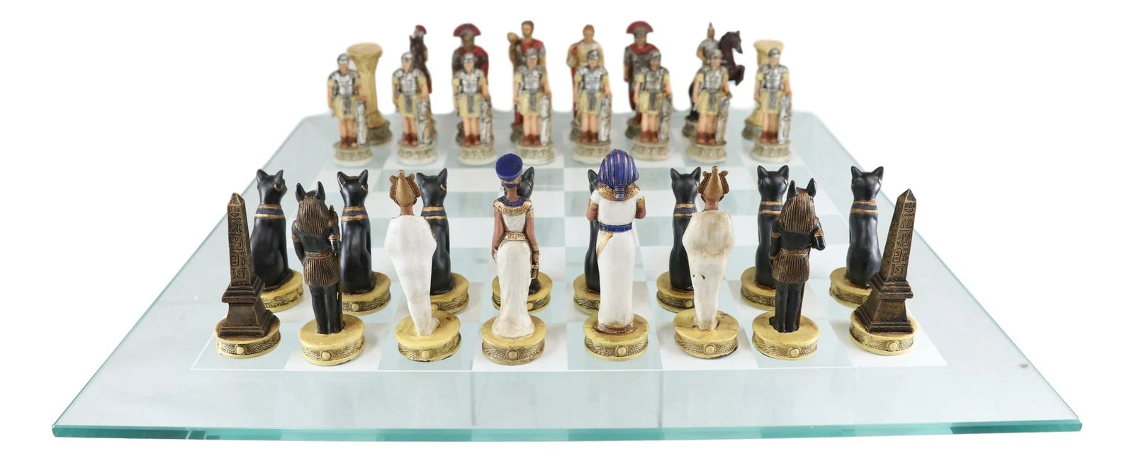 Pharaoh Egyptian VS Caesar Roman Empire Resin Chess Pieces W/ Glass Board-9