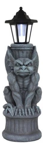 Gothic Crouching Winged Gargoyle Statue With Solar LED Lantern Light Post 20"H-10