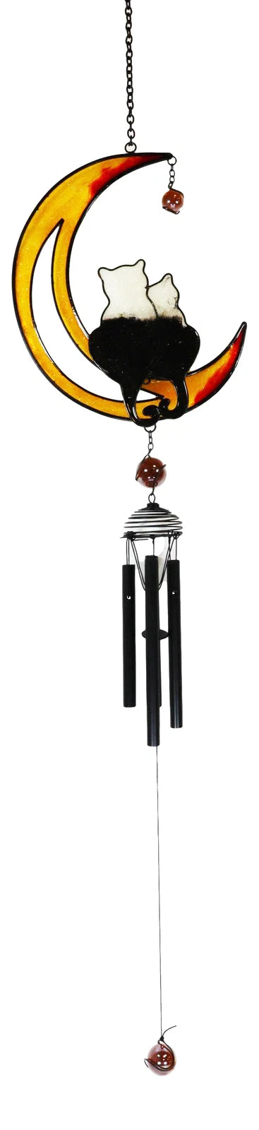 Lover Feline Cats On Crescent Moon Stained Glass Gem Copper Wind Chime Garden-6