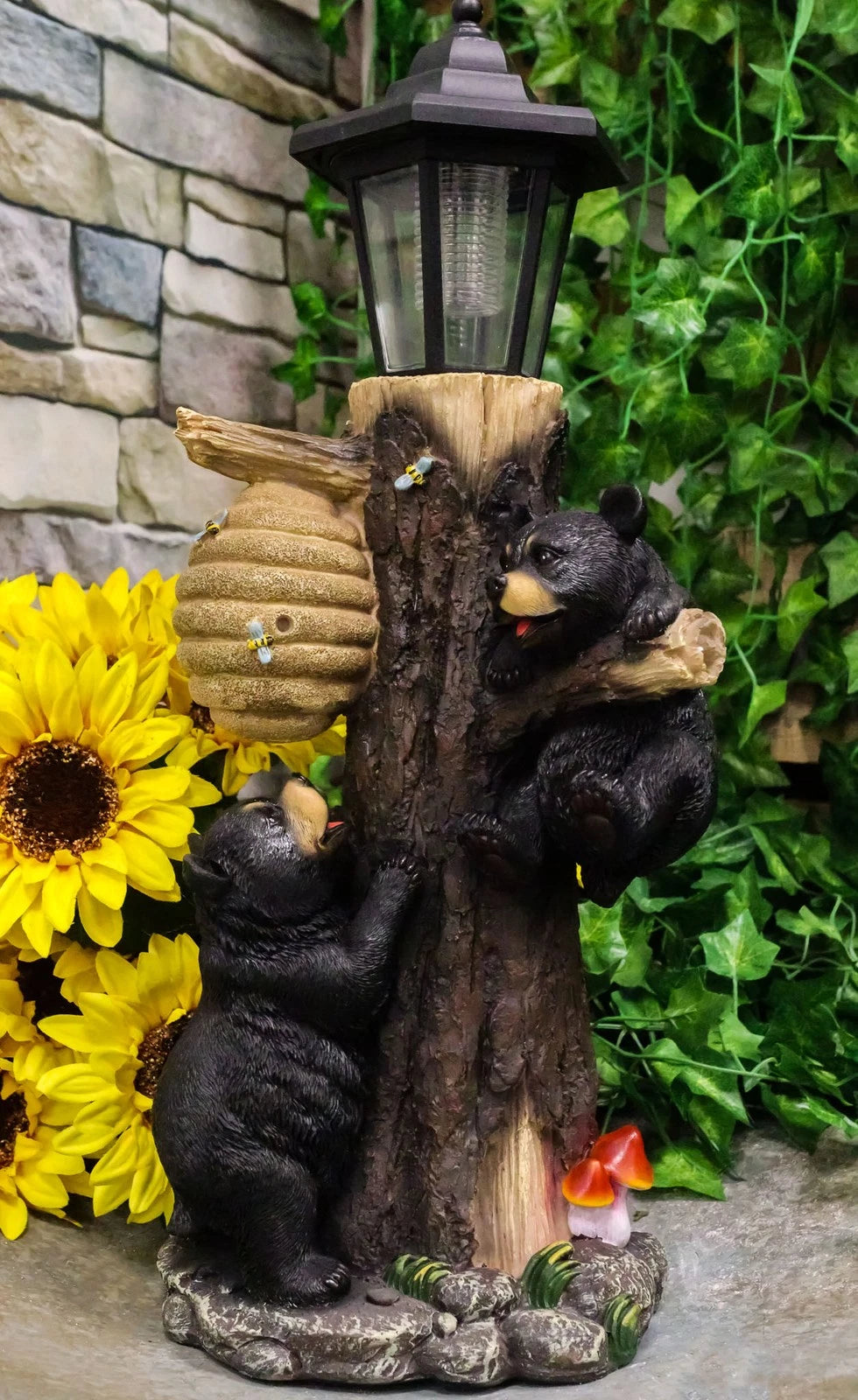 Large Climbing Black Bear Cubs With Beehive Statue W/ Solar LED Lantern Light-1