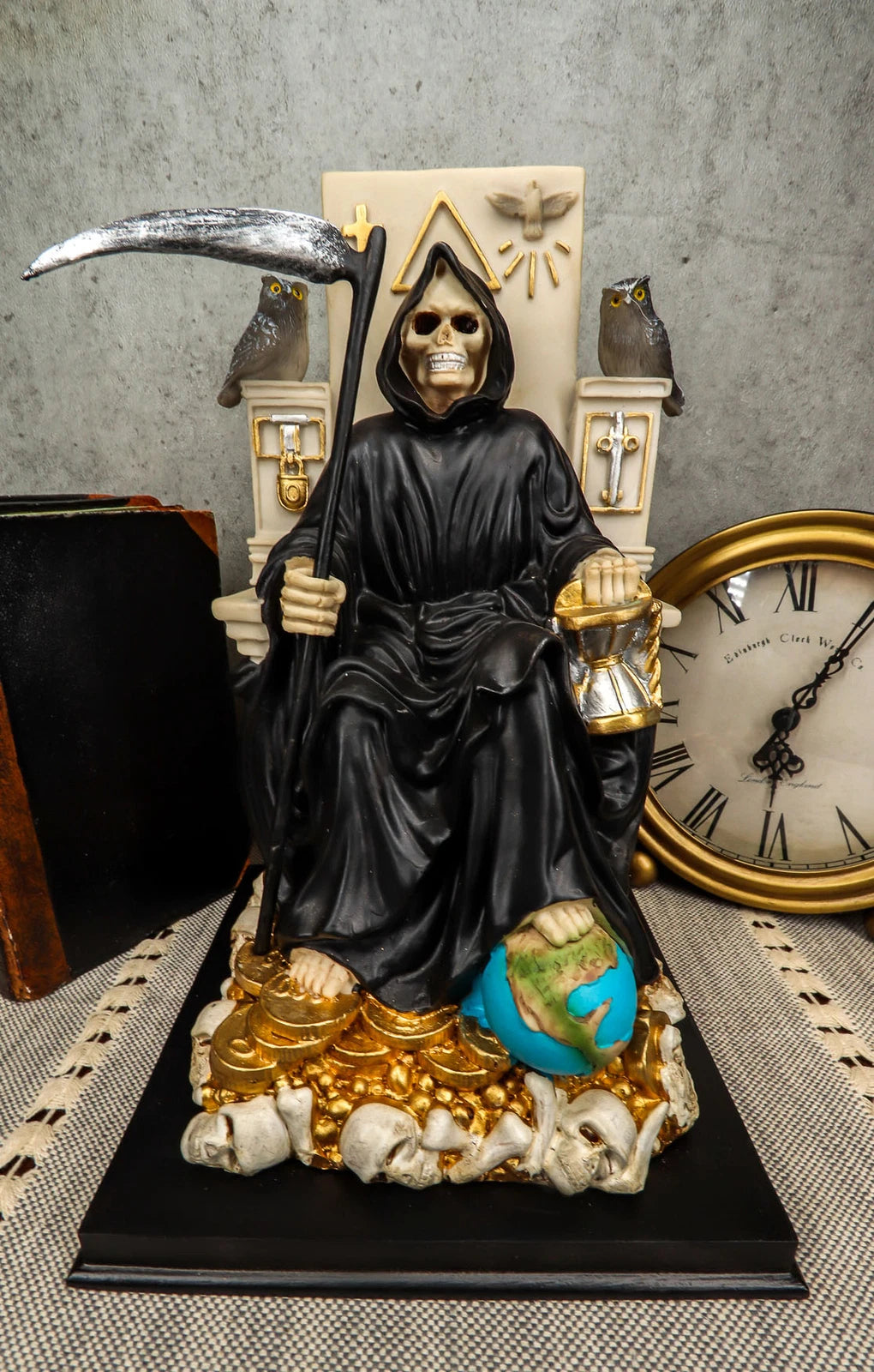 Black Santa Muerte Holding Scythe Seated On Throne Statue Our Lady Of Death-1