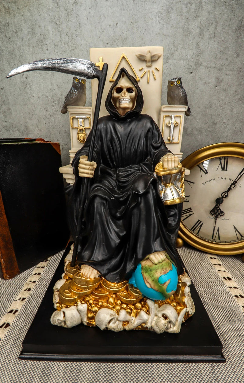 Black Santa Muerte Holding Scythe Seated On Throne Statue Our Lady Of Death-1